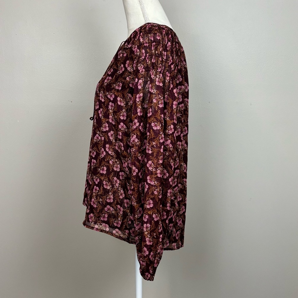 Loft Top Medium Burgundy Floral Lined V-Neck Tie Front Long Sleeve Blouse - Picture 4 of 11